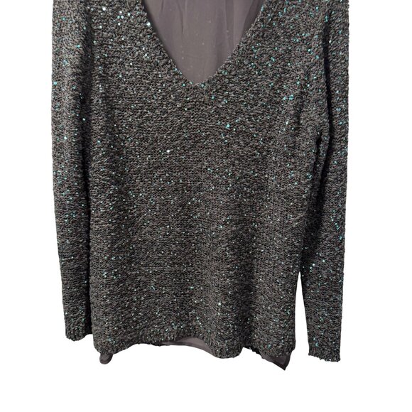 Apt. 9 blouse Sz  XL Gray Sequin V-Neck Long Sleeve Sweater With Sheer Underlaye - Picture 8 of 12